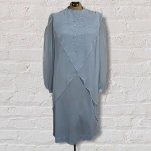 VINTAGE 70s Light Blue Sheer Layered Long Sleeve Beaded Knee Length Shift Dress